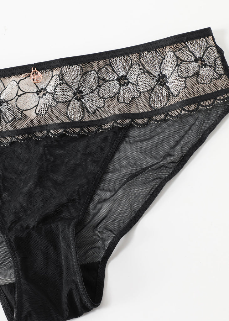 CAMILLA Plus Black Brief Panties With Floral Embroidery Lace