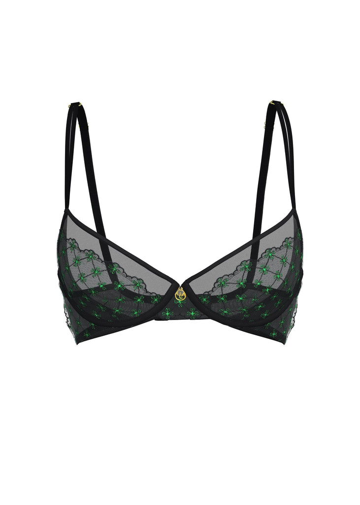 JOCELYN Plus Sexy Black Lace Underwired Demi Bra With Green Floral Embroidery