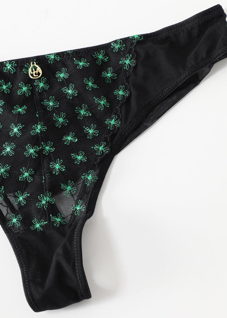 JOCELYN Sexy Black Lace Tanga Panties With Green Floral Embroidery