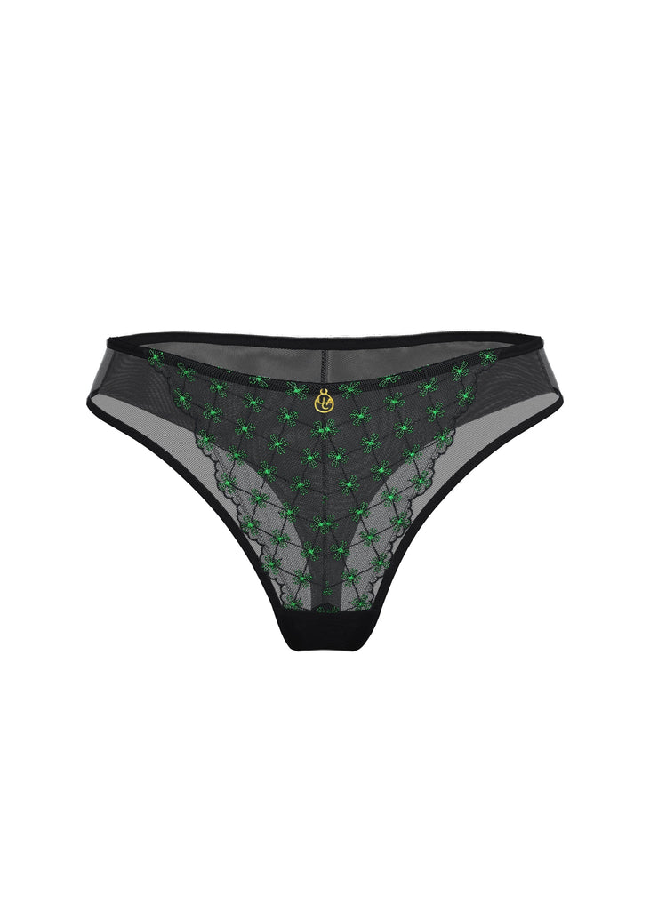 JOCELYN Plus Sexy Black Lace Tanga Panties With Green Floral Embroidery