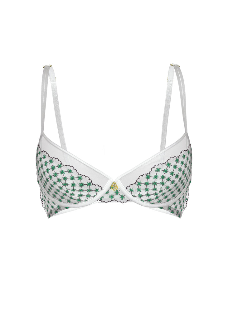 JOCELYN Delicate White Lace Underwired Demi Bra With Green Floral Embroidery