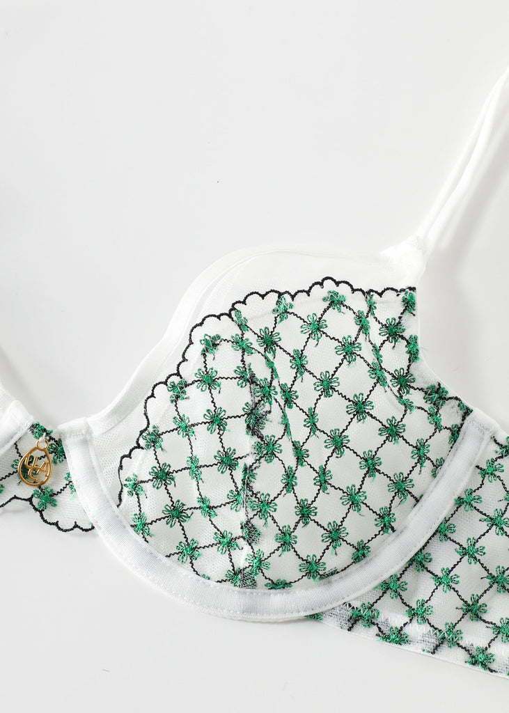 JOCELYN Delicate White Lace Underwired Demi Bra With Green Floral Embroidery
