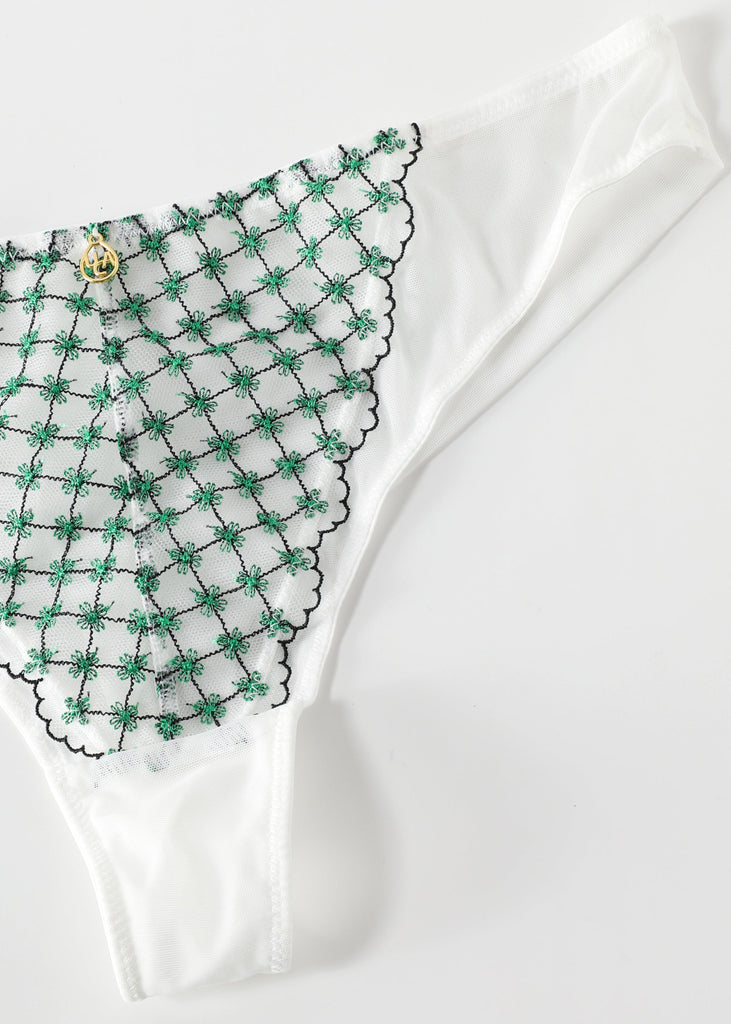 JOCELYN Delicate White Lace Tanga Panties With Green Floral Embroidery
