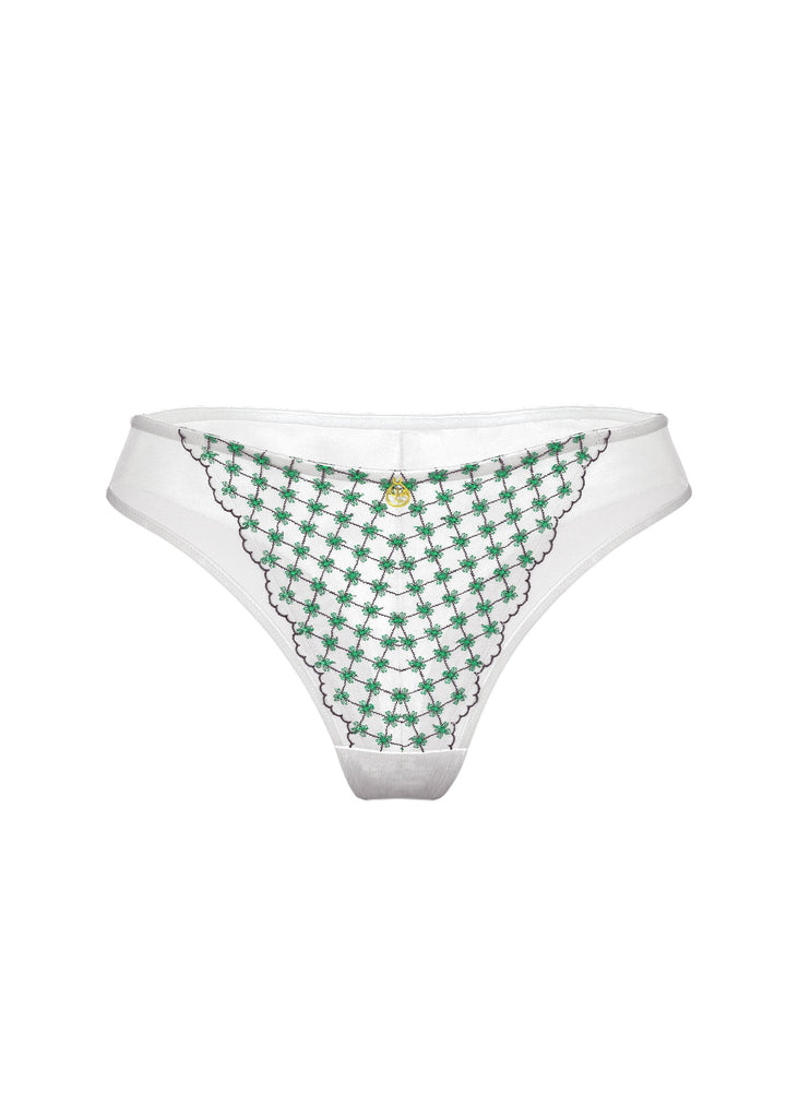 JOCELYN Delicate White Lace Tanga Panties With Green Floral Embroidery