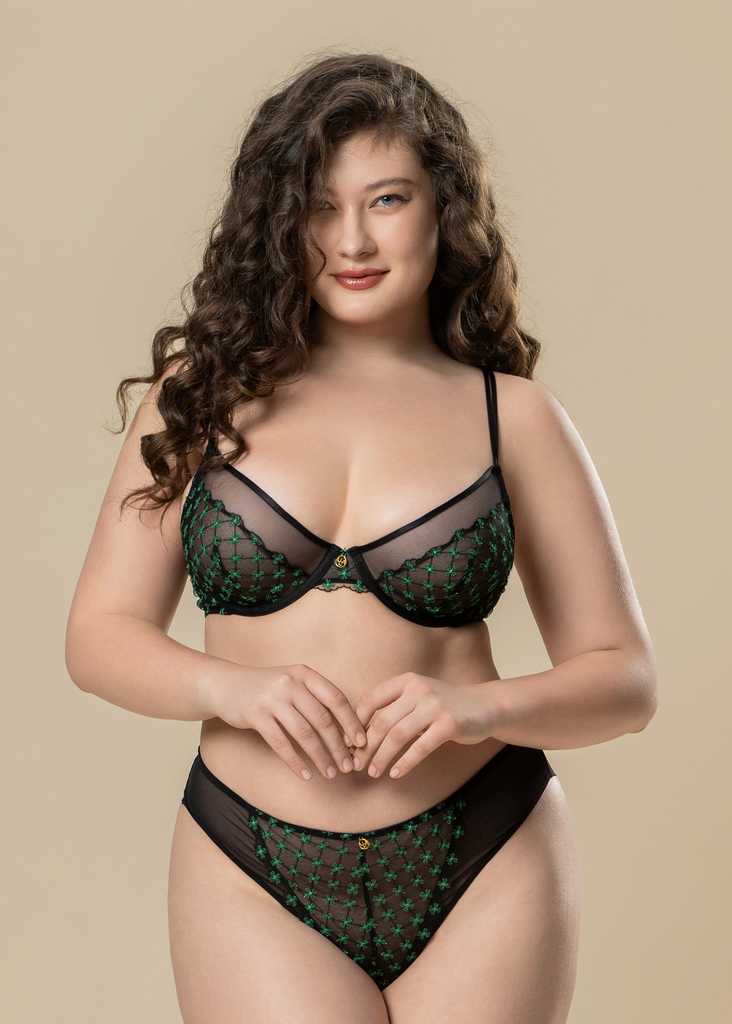 JOCELYN Plus Sexy Black Lace Underwired Demi Bra With Green Floral Embroidery