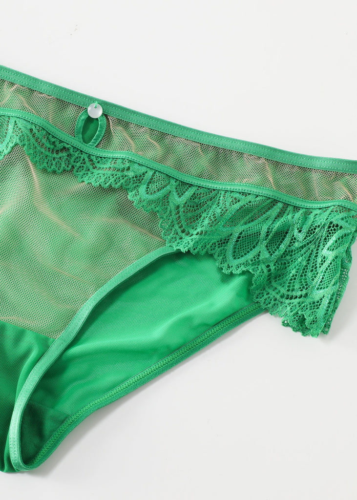 KIRA Green Lace Briefs With Leaf- Pattern Waist