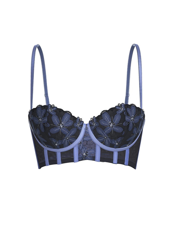 RILEY Plus Sexy Navy Blue Floral Embroidery Lace Underwired Balconette Long Bra