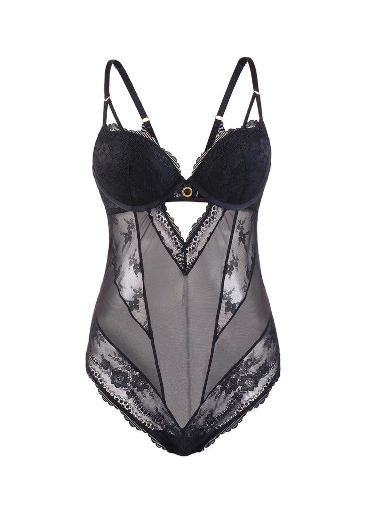 WENDIE Sexy Push-Up Black Mesh Recycled Lace Bodysuit-imgsize-38D