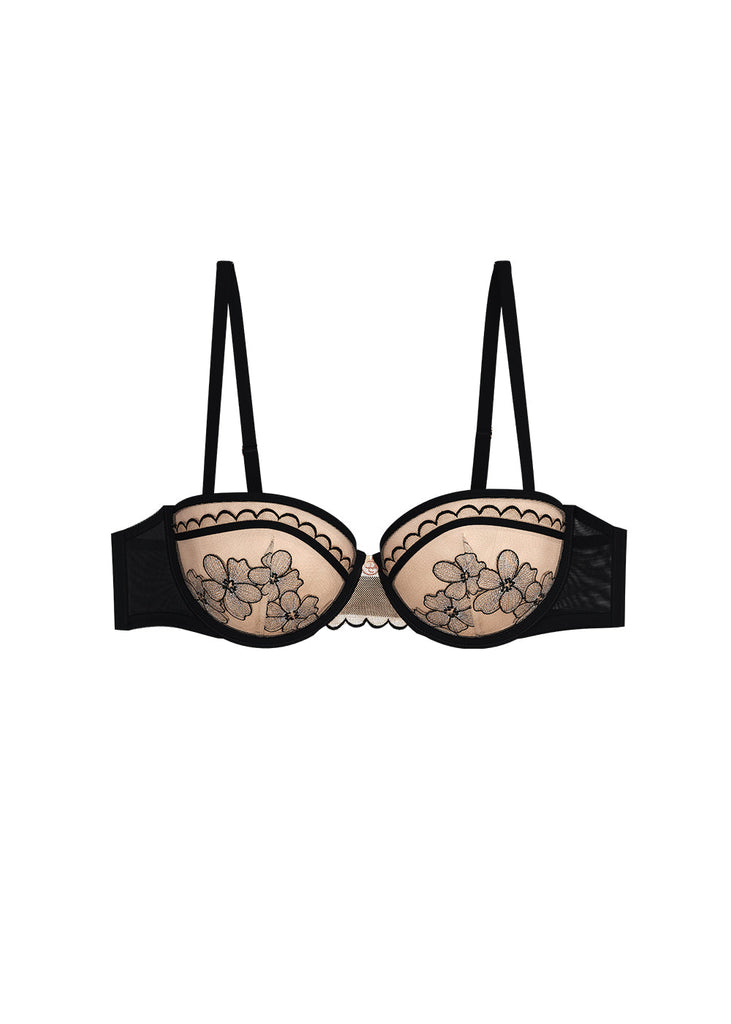 CAMILLA Plus Black Balconette Molded Cup Bra With Floral Embroidery Lace