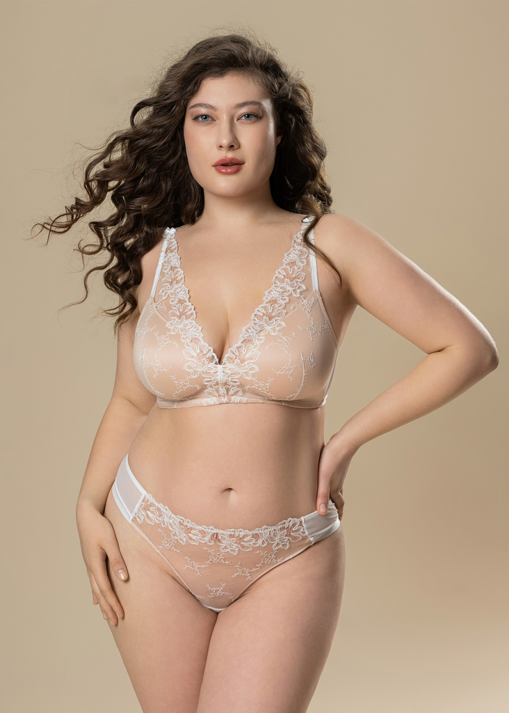 JESSA Plus White Lace Triangle Plunge Wireless Bra