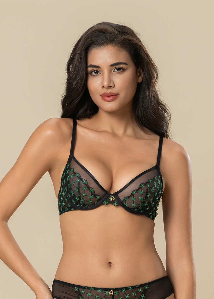 JOCELYN Sexy Black Lace Underwired Demi Bra With Green Floral Embroidery