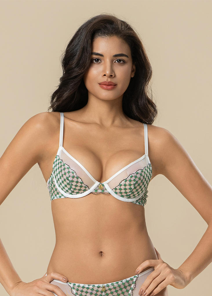 JOCELYN Delicate White Lace Underwired Demi Bra With Green Floral Embroidery