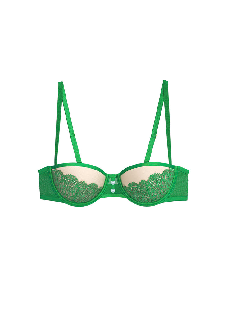 KALINA Plus Green Leaf-Patterned Lace Underwired Balconette Demi Bra