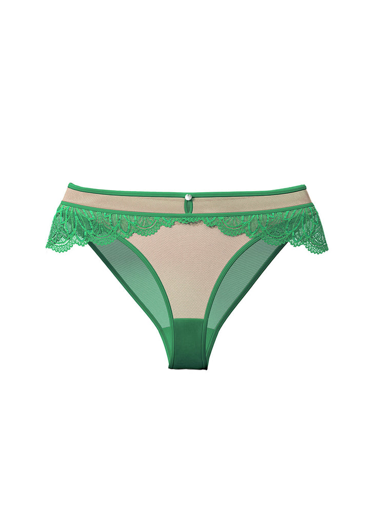 KIRA Green Lace Briefs With Leaf- Pattern Waist