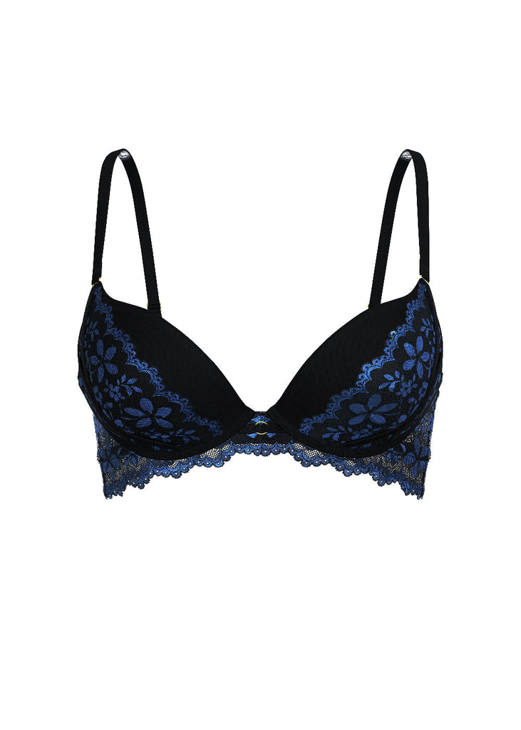 ROSALIE Black Blue Push-Up Underwired Floral Lace Demi Bra