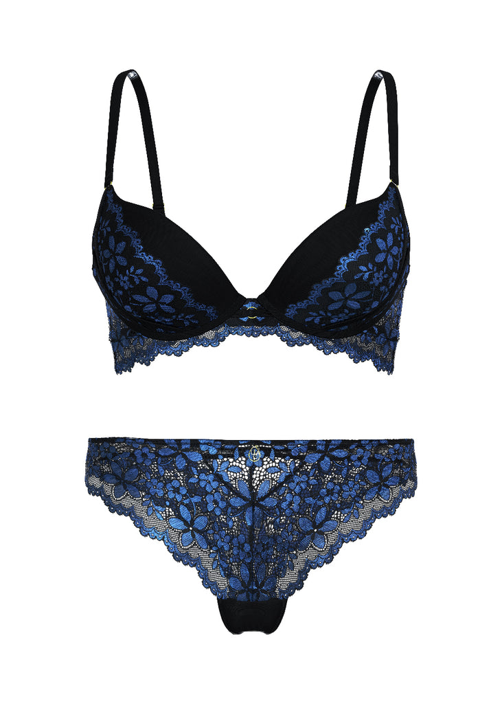 ROSALIE Black Blue Floral Lace Bra & Plus Panty Set