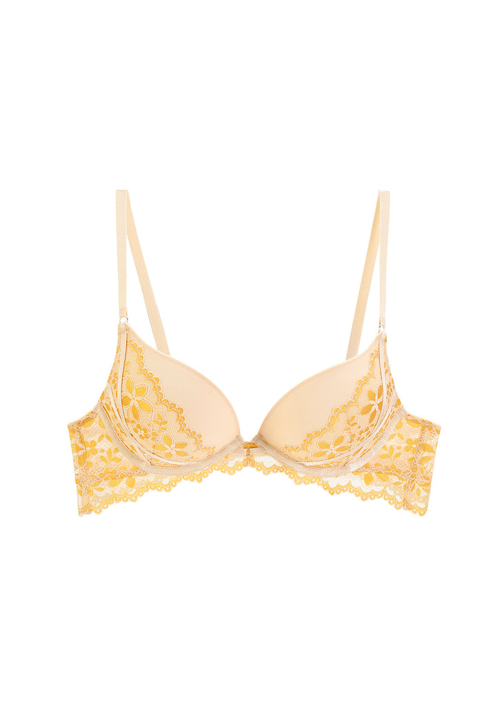 ROSALIE Plus Ginger Yellow Push-Up Underwired Floral Lace Demi Bra