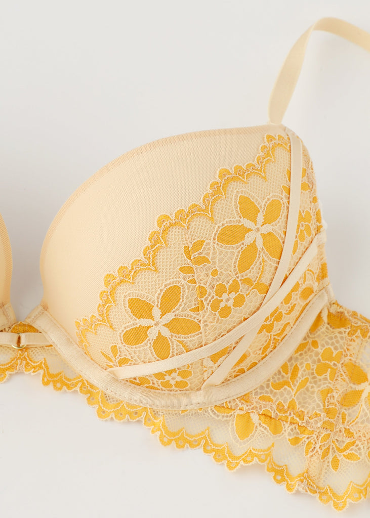 ROSALIE Plus Ginger Yellow Push-Up Underwired Floral Lace Demi Bra