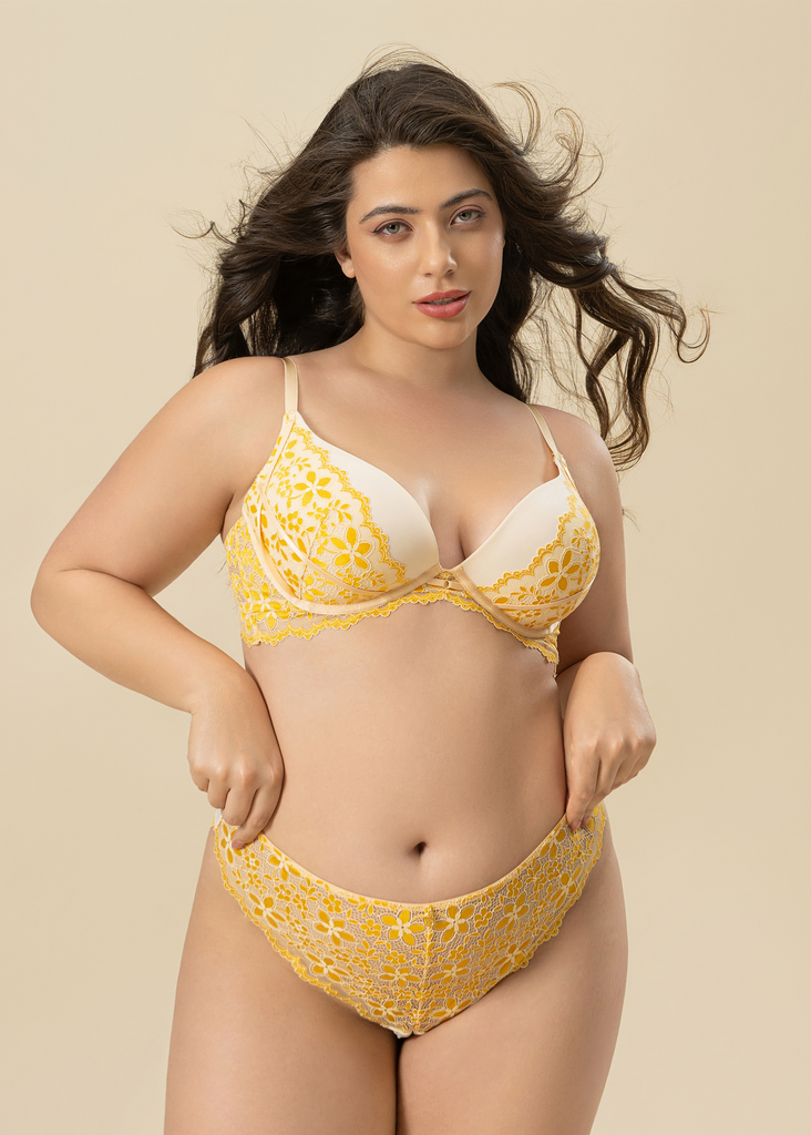 ROSALIE Plus Ginger Yellow Push-Up Underwired Floral Lace Demi Bra