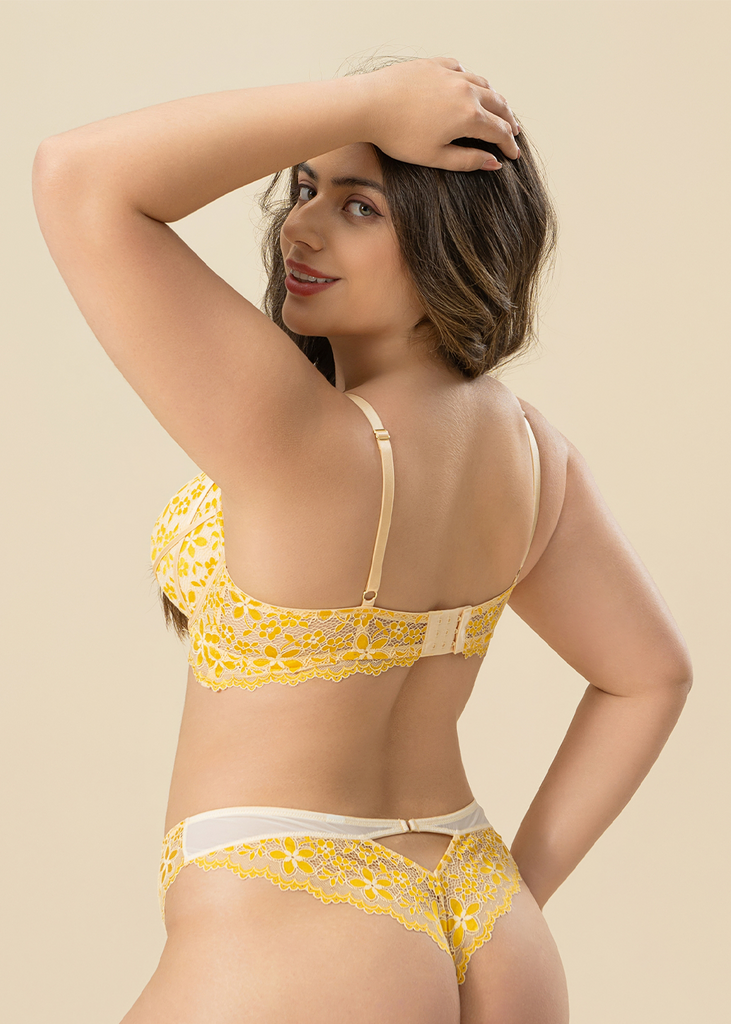 ROSALIE Plus Ginger Yellow Push-Up Underwired Floral Lace Demi Bra
