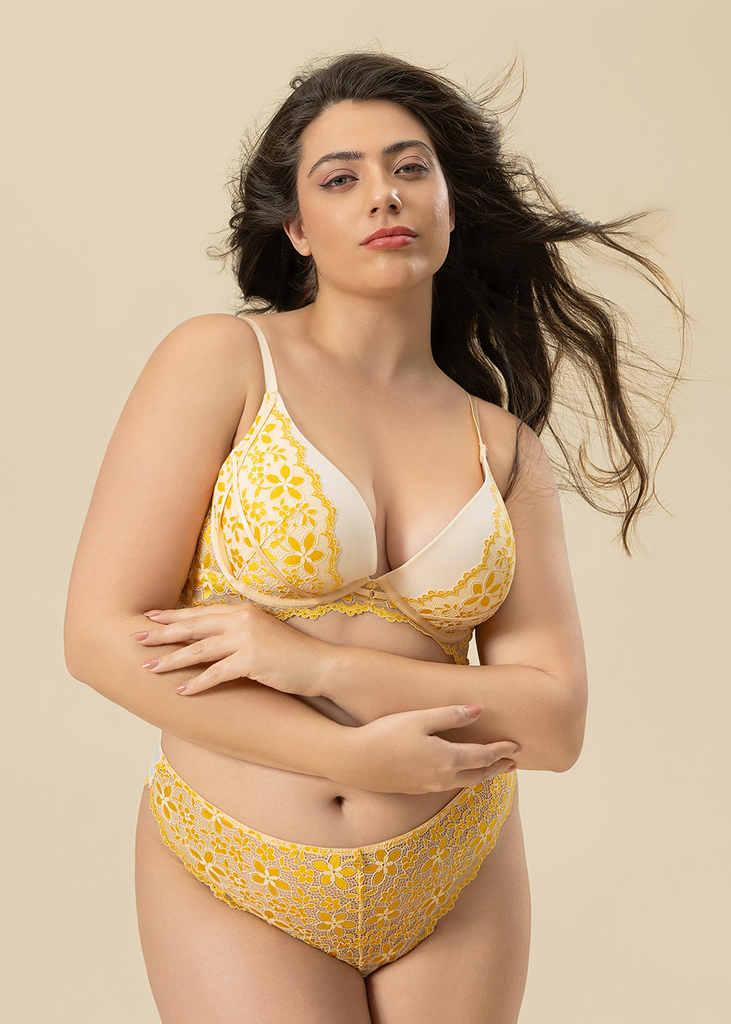 ROSALIE Plus Ginger Yellow Push-Up Underwired Floral Lace Demi Bra