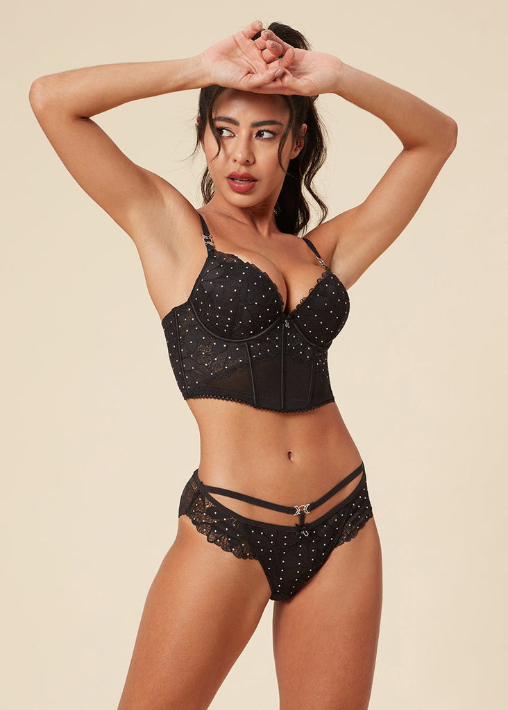 SHARON Sexy Black Lace Push-Up Corset Long Bra with Rhinestones